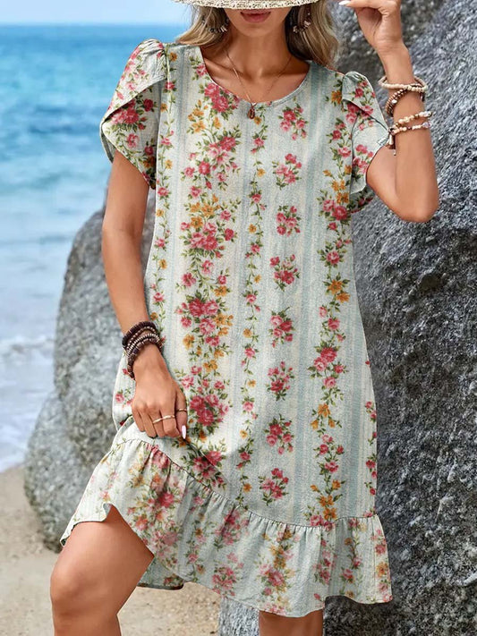 Robe élégante à col rond et manches pétales pour femme, motif floral rose simple