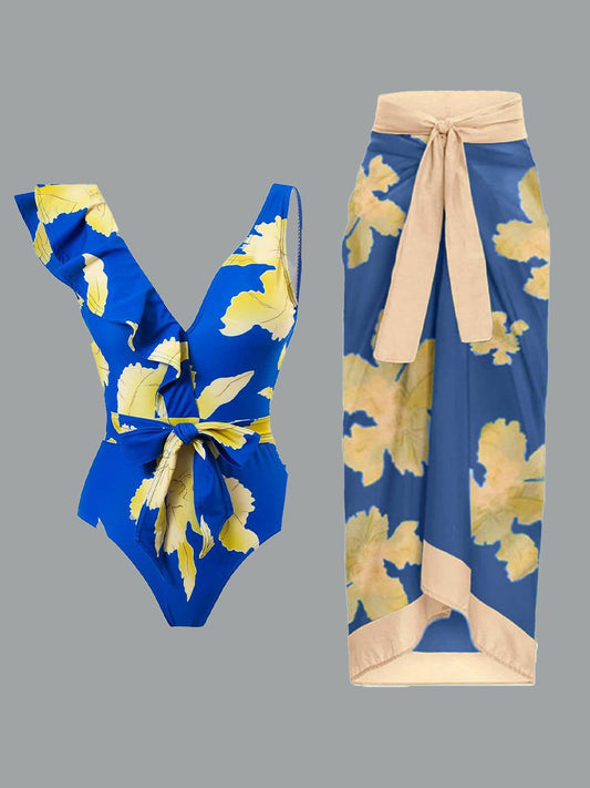 Jupe longue en mousseline de soie à imprimé rétro pour maillot de bain pour femme