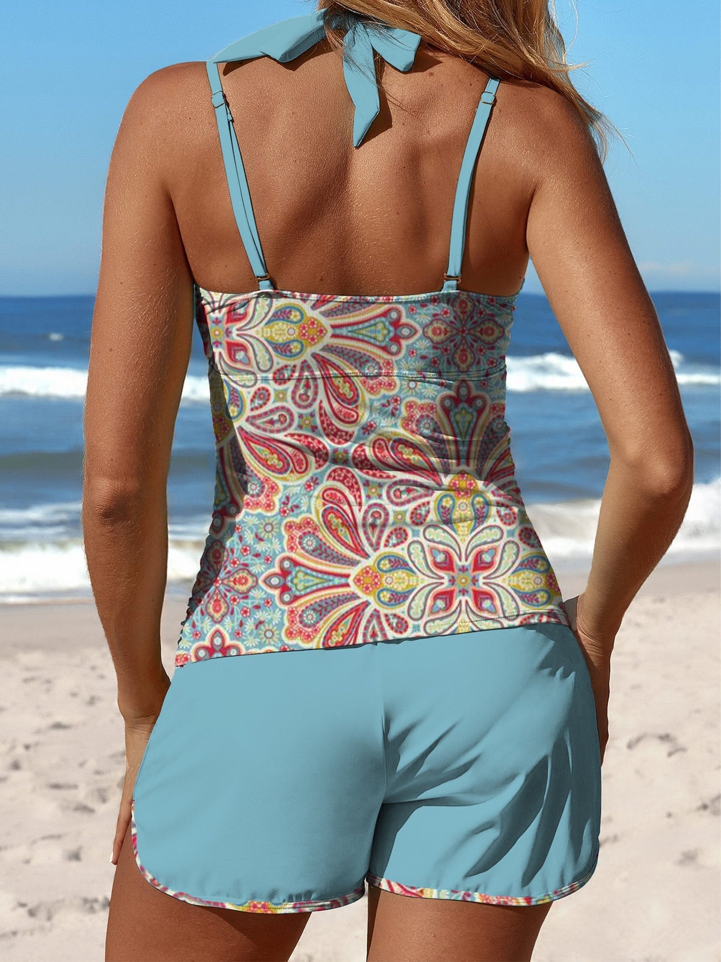 Maillot de bain tankini taille moyenne à imprimé ethnique rétro bleu clair avec imprimé floral aborigène