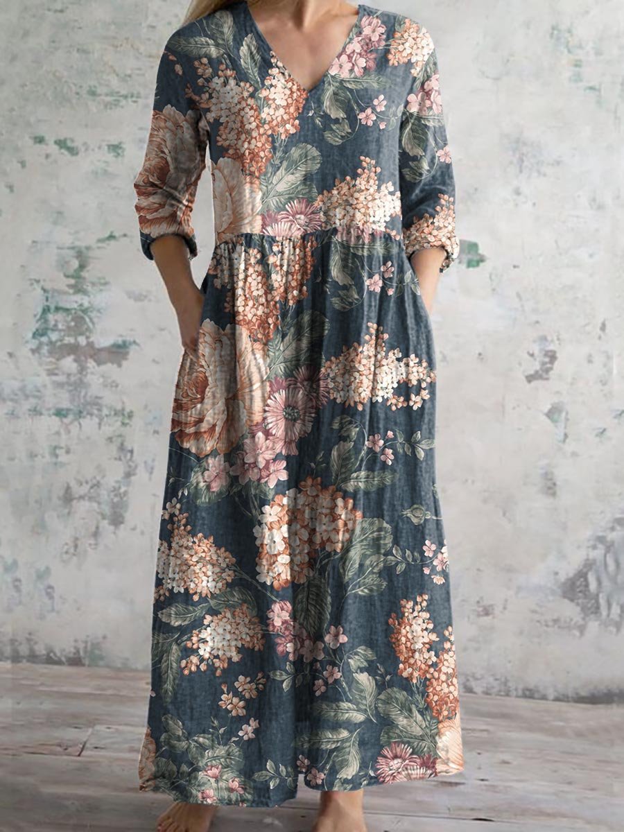 Robe décontractée en coton à imprimé floral vintage pour femme