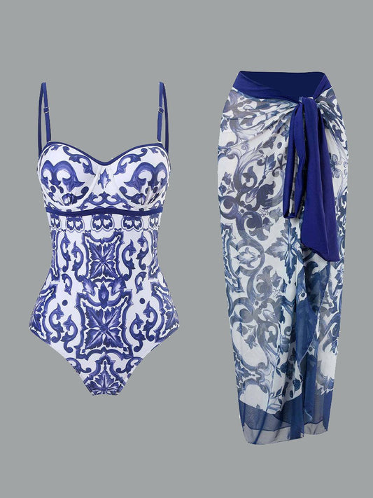 Jupe longue en mousseline de soie à imprimé rétro pour maillot de bain pour femme