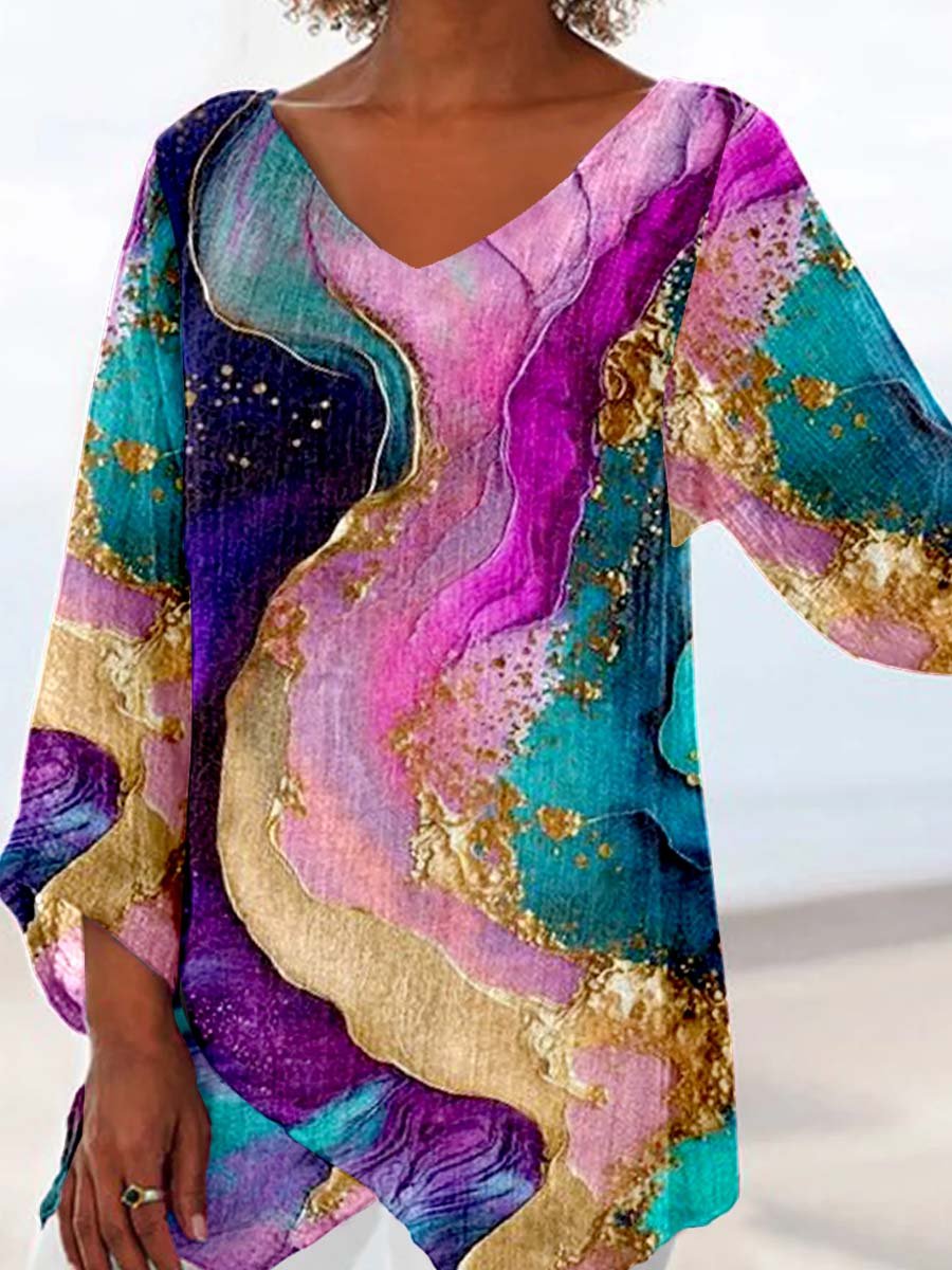 Haut à col en V en coton et lin à motifs artistiques pour femme