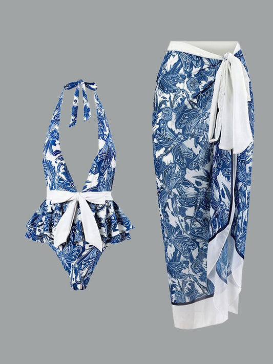 Jupe longue en mousseline de soie à imprimé rétro pour maillot de bain pour femme