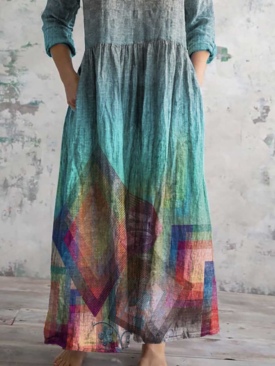 Robe à col en V pour femme avec motif géométrique ombré coloré et poches