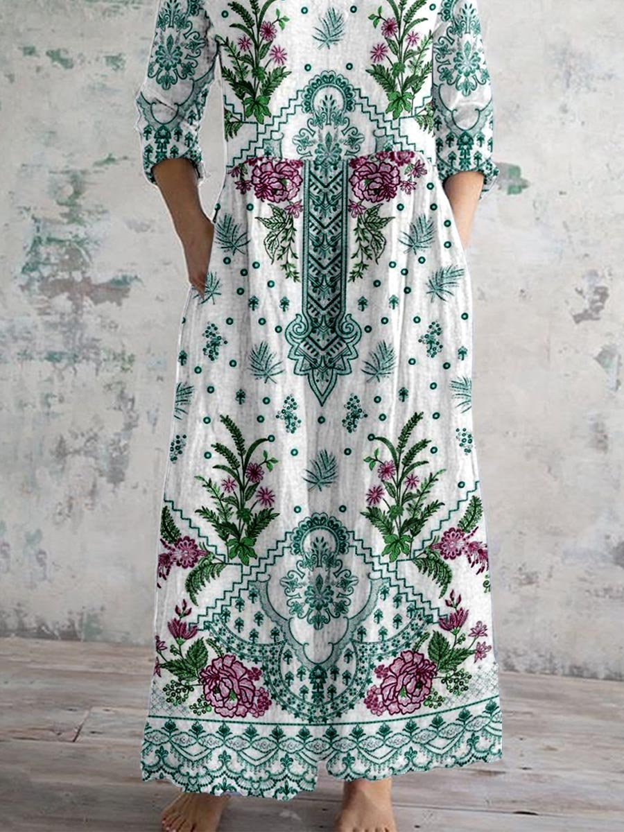 Robe bohème fleurie en coton et lin à col en V avec poches pour femme