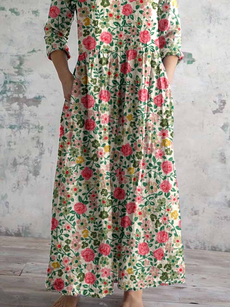 Robe élégante en coton et lin à fleurs roses pastorales pour femmes avec poches