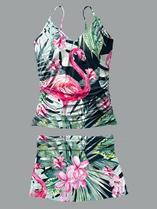 Maillot de bain tankini plissé à col en V et imprimé plantes tropicales flamant rose