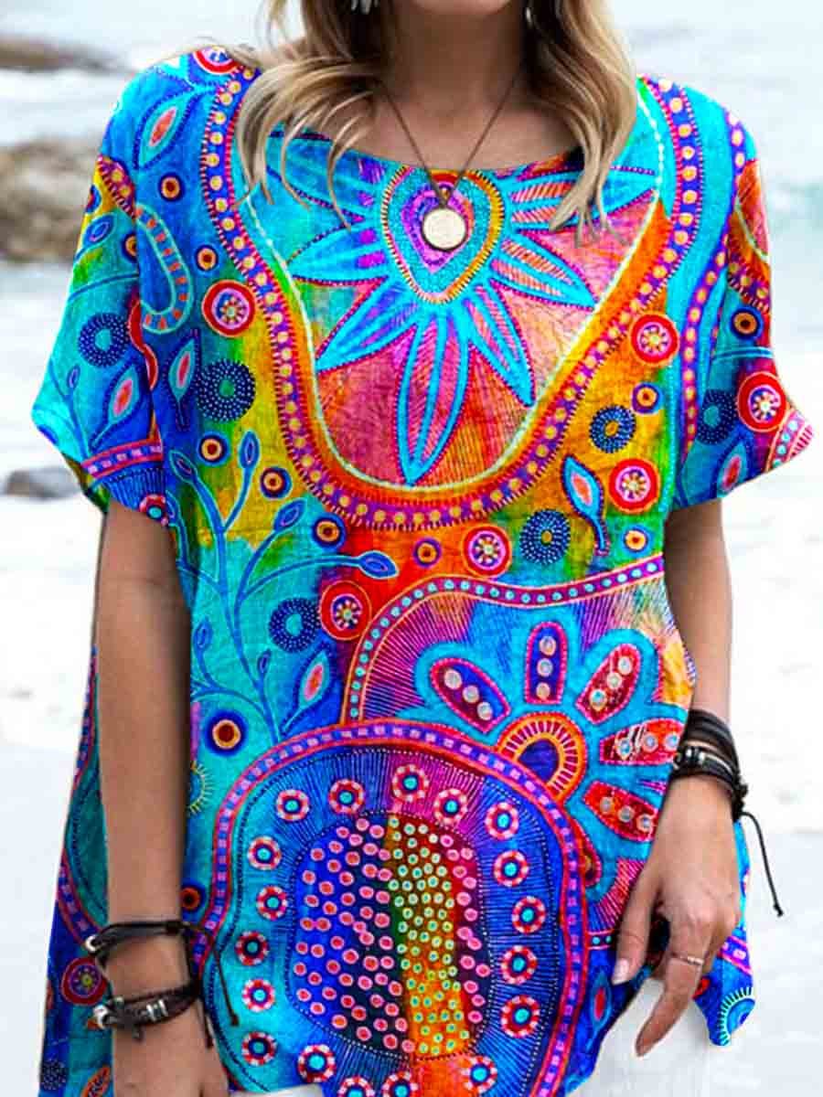 Haut en lin à motif géométrique coloré artistique pour femme