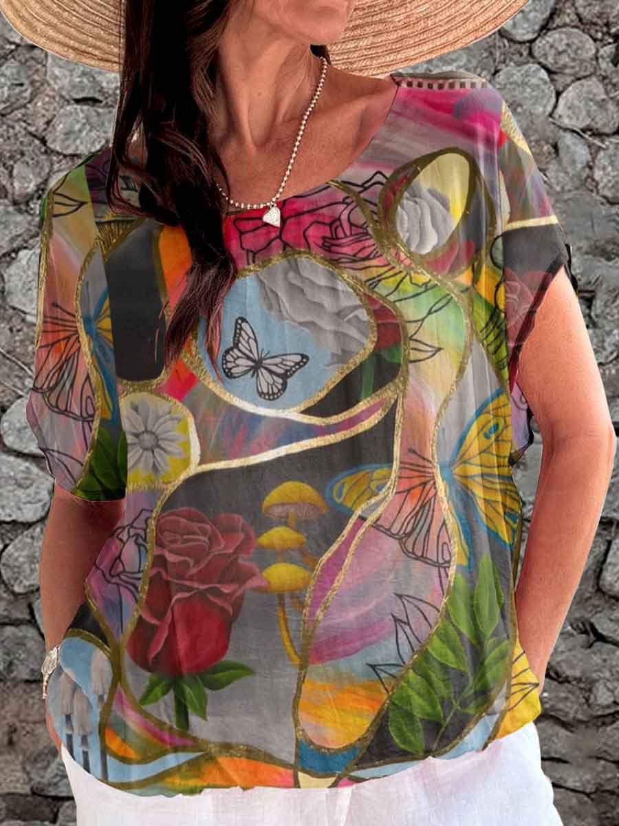 Haut à fleurs fendu à motif papillon doré géométrique rétro élégant pour femme