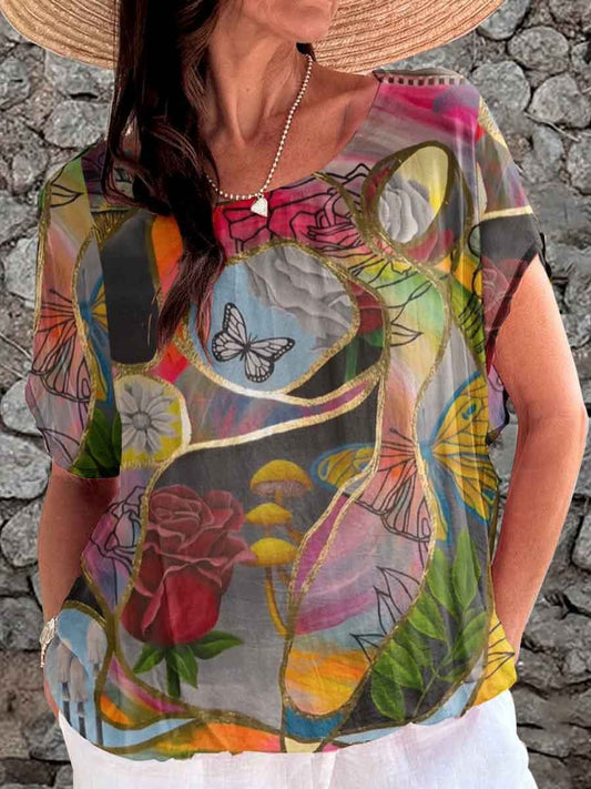 Haut à fleurs fendu à motif papillon doré géométrique rétro élégant pour femme