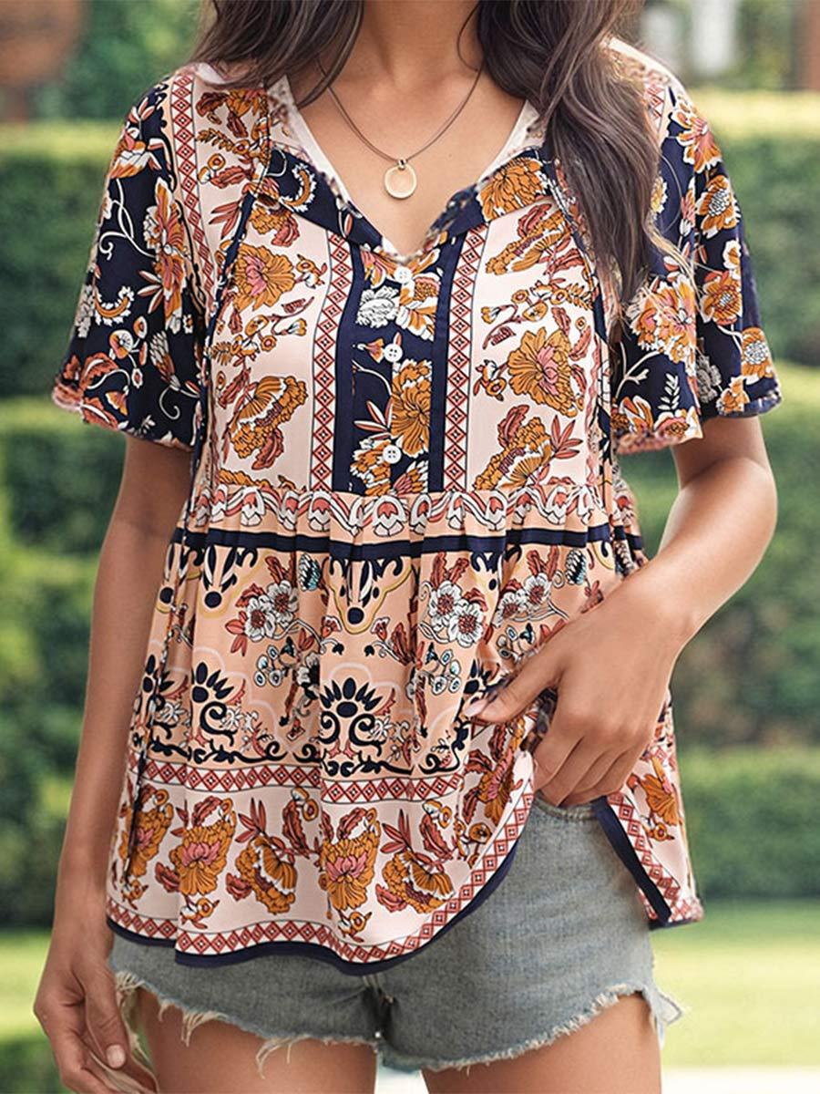 Chemise à nouer à manches lotus imprimée pour femme