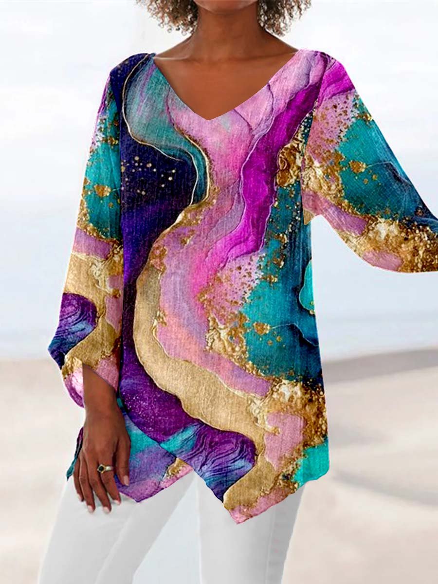 Haut à col en V en coton et lin à motifs artistiques pour femme