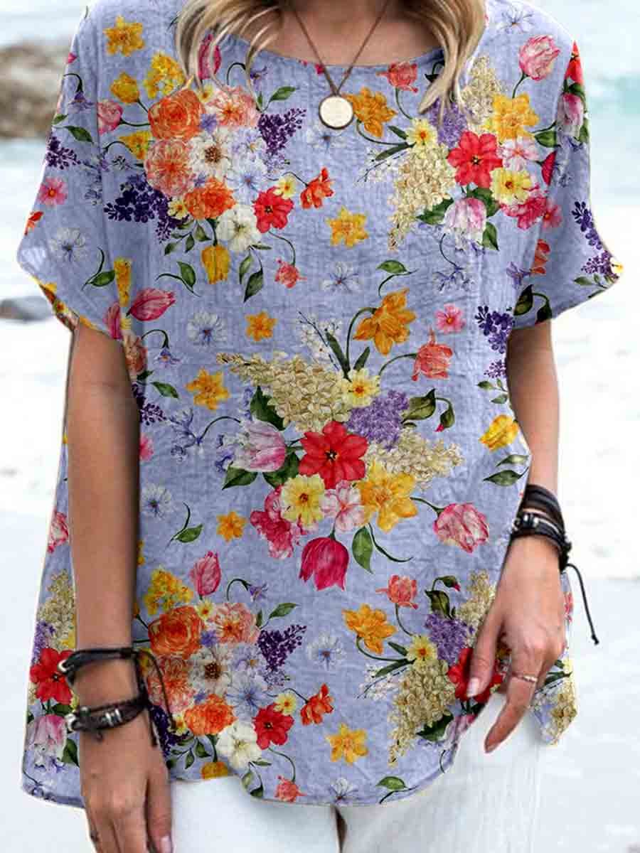 Haut élégant en lin à imprimé floral vintage pour femme