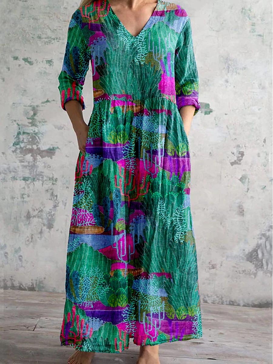 Robe à imprimé monde sous-marin à col rond pour femme avec poches