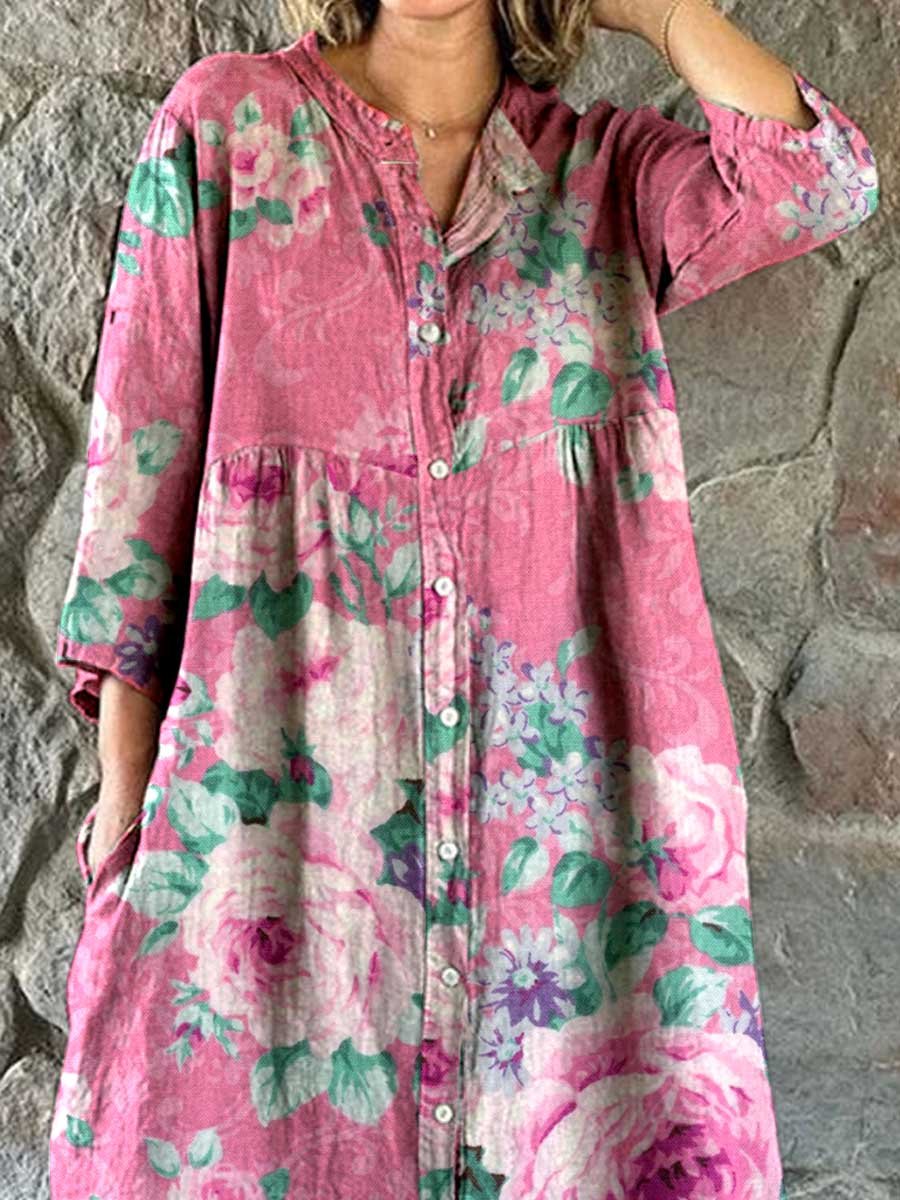 Robe chemise simple et élégante en coton et lin à imprimé floral rose pour femme