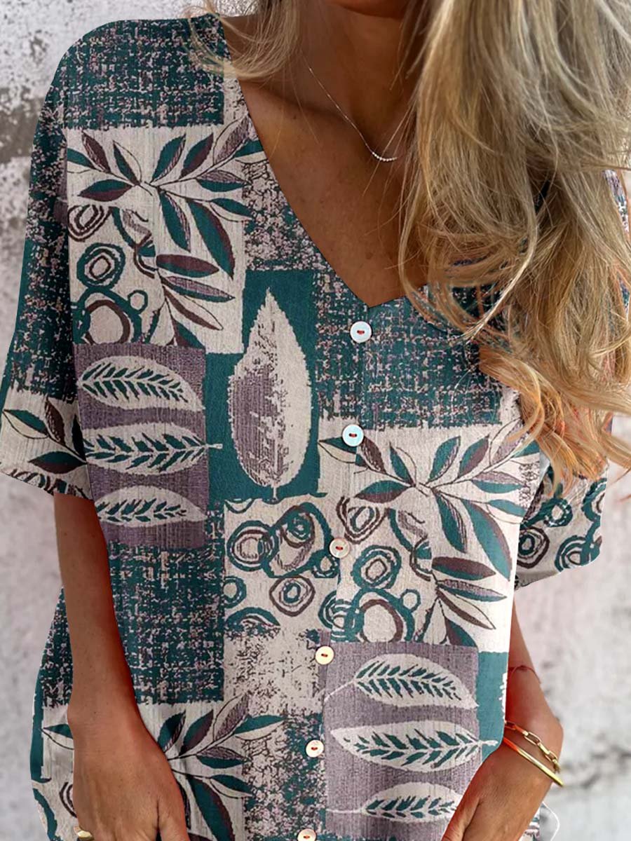 Haut élégant en coton et lin à motif floral vintage pour femme