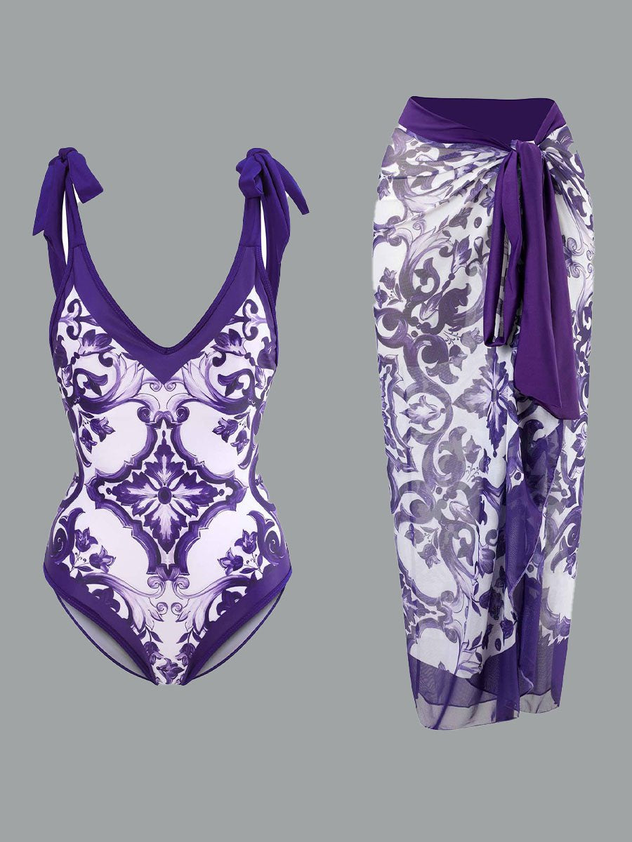 Jupe longue en mousseline de soie à imprimé rétro pour maillot de bain pour femme