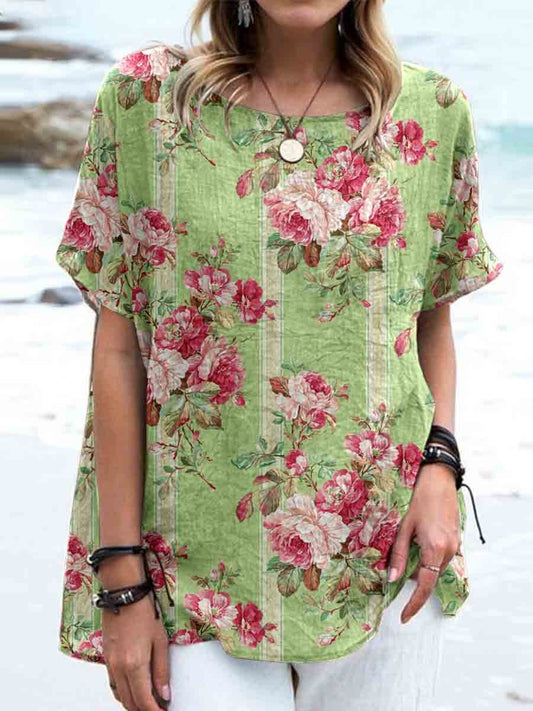 Haut élégant en lin à imprimé floral rose vintage pour femme