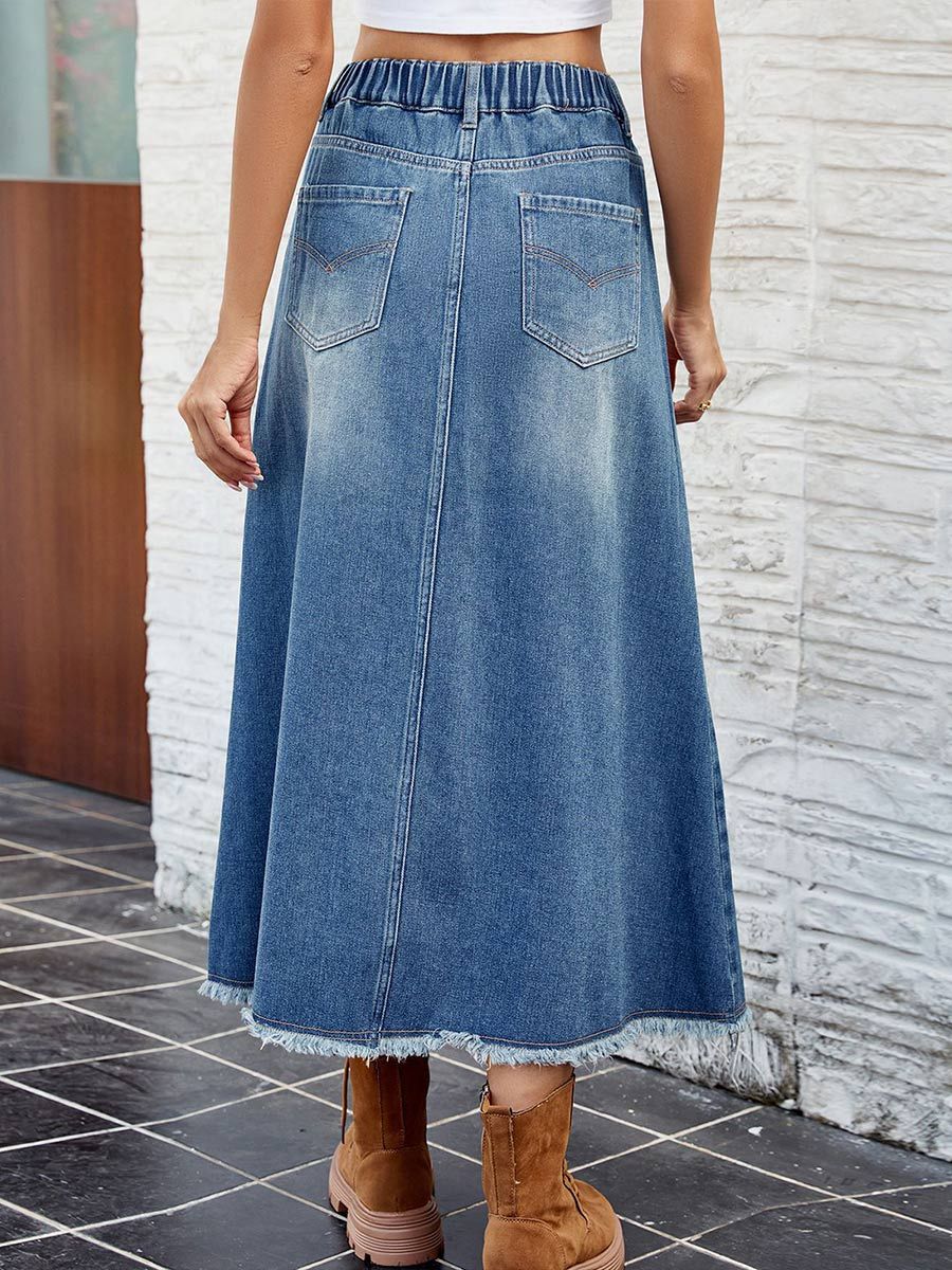 Women's Washed Raw Edge Denim Skirt