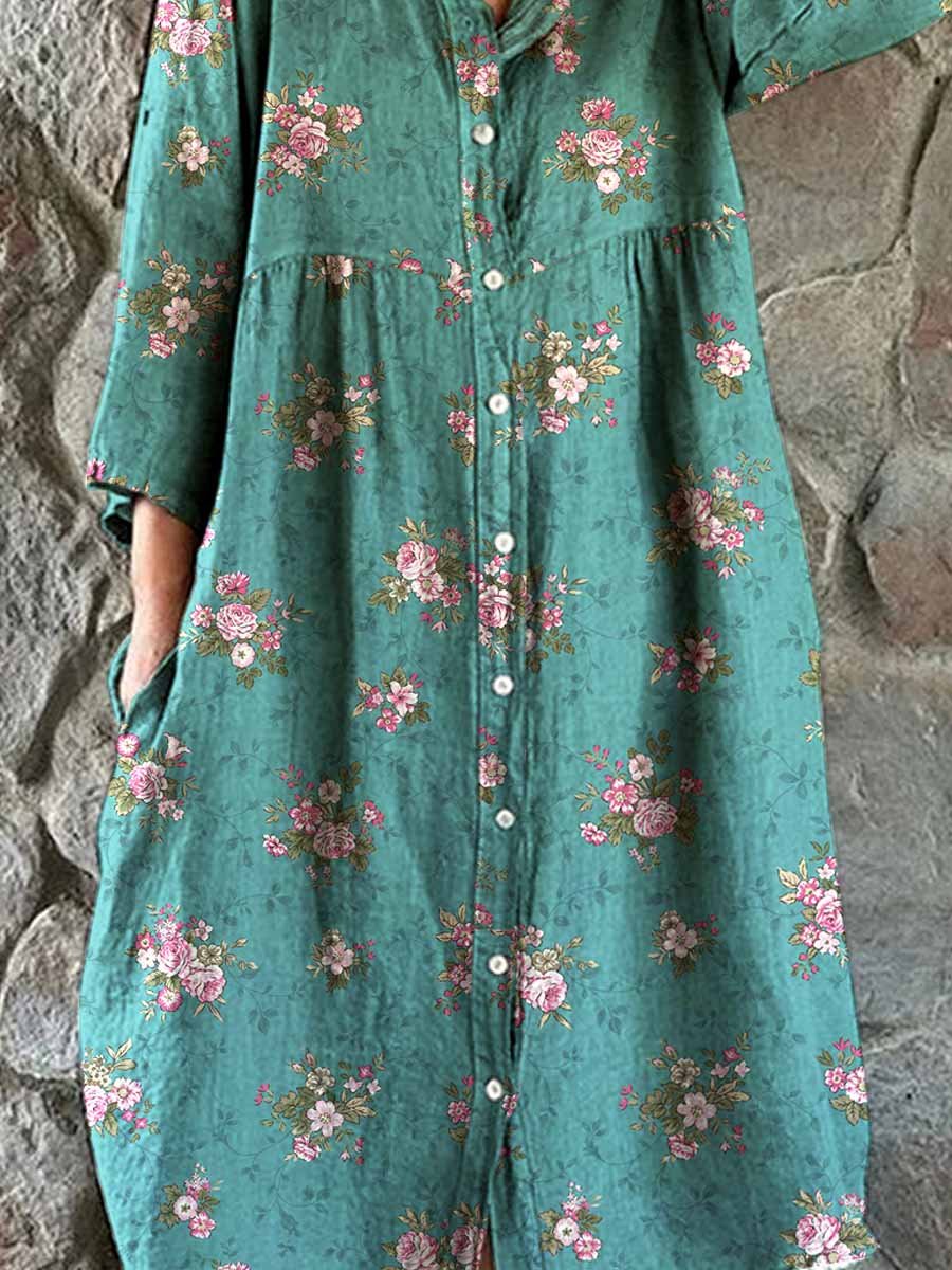 Robe chemise élégante en coton et lin à motif floral rose pour femme