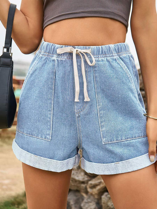 Short en jean décontracté à lacets et taille élastique pour femme