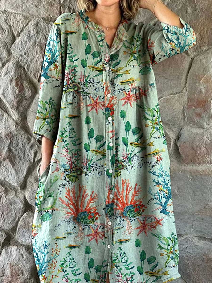 Robe chemise simple et élégante en coton et lin à imprimé algues du monde sous-marin pour femmes
