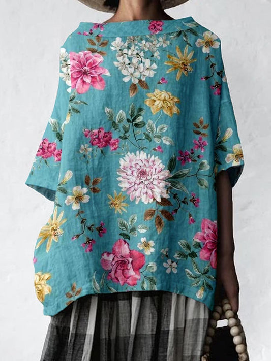 Haut élégant en coton et lin à motif floral vintage pour femme