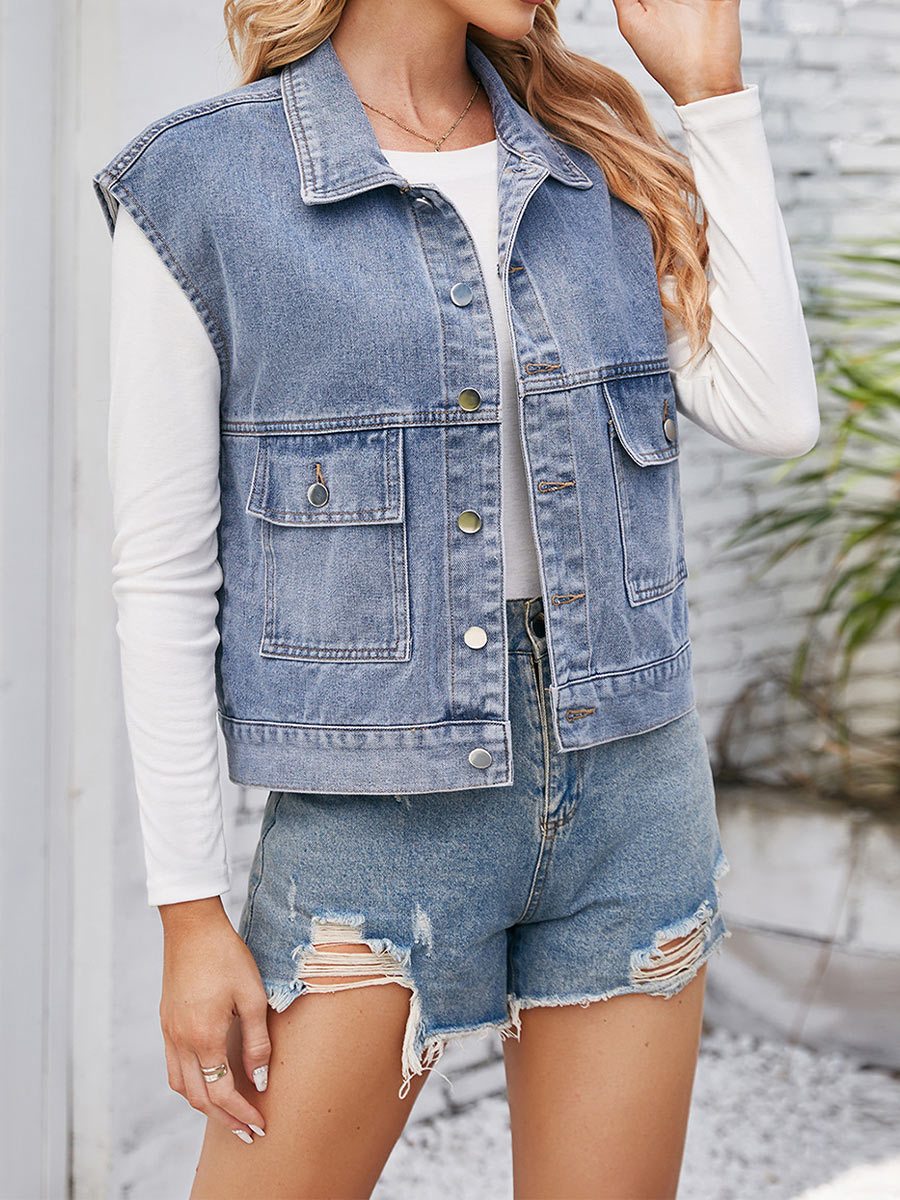 Gilet slim délavé en denim rétro pour femme