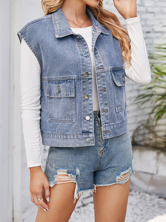 Gilet slim délavé en denim rétro pour femme