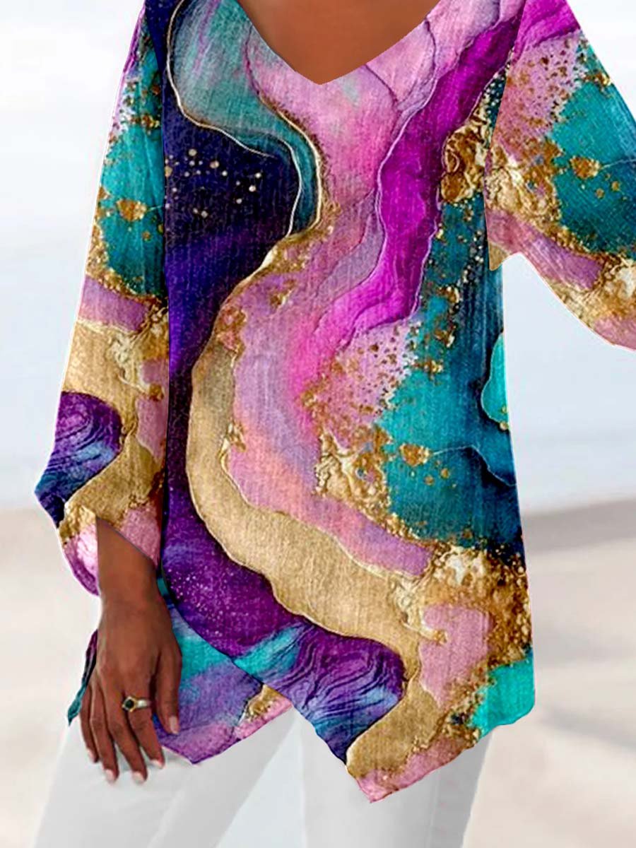 Haut à col en V en coton et lin à motifs artistiques pour femme