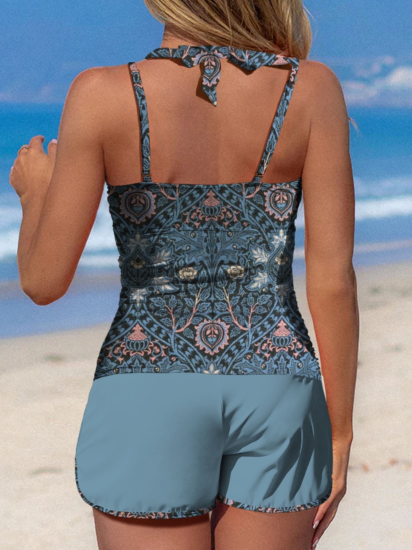 Maillot de bain tankini taille moyenne à imprimé floral symétrique bleu