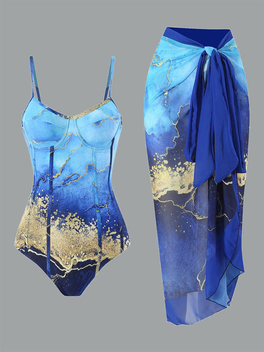 Maillot de bain une pièce pour femme, jupe longue en mousseline de soie à imprimé rétro