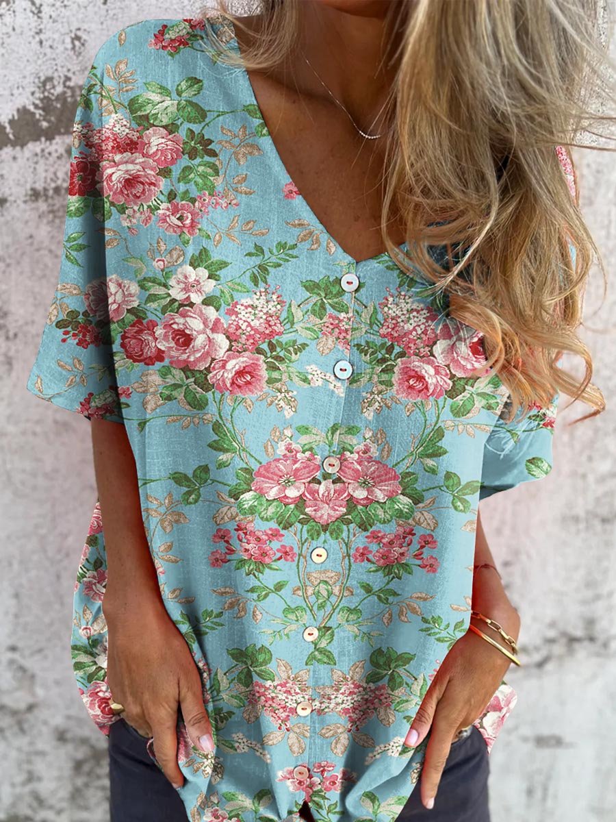 Haut décontracté en coton à col en V pour femme avec motif palmiers