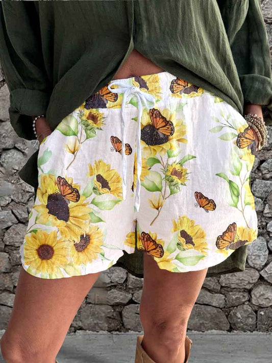 Short d'été élégant à bretelles en lin à motif floral tournesol pour femme