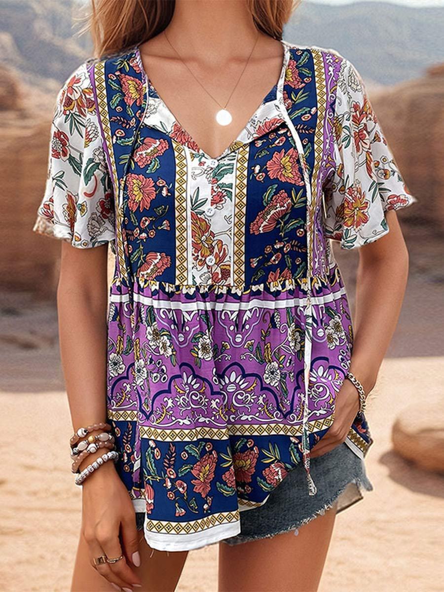 Chemise à nouer à manches lotus imprimée pour femme