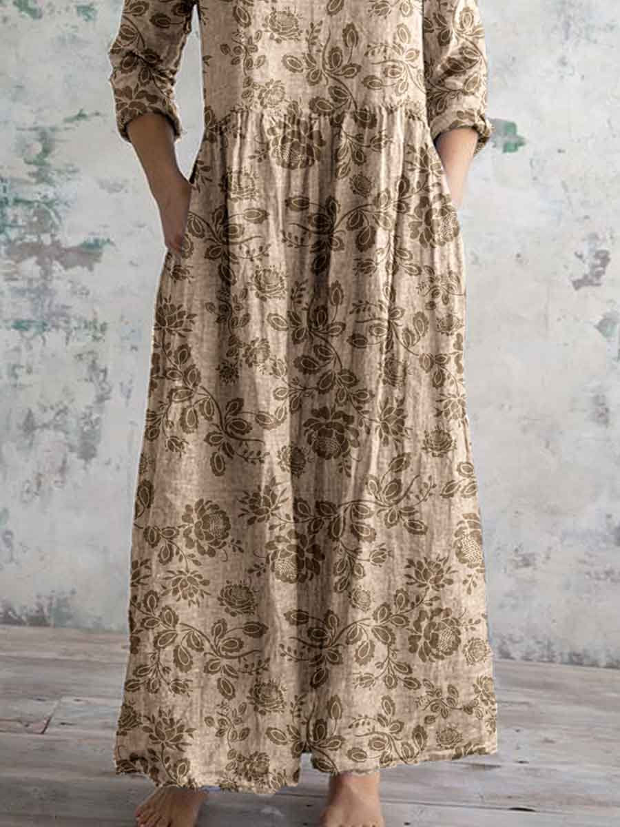 Robe élégante en coton et lin à imprimé floral simple et embelli avec poches pour femme