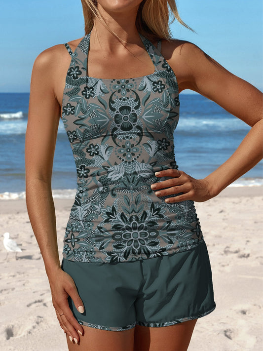 Maillot de bain et culotte à motif rétro symétrique gris cyan