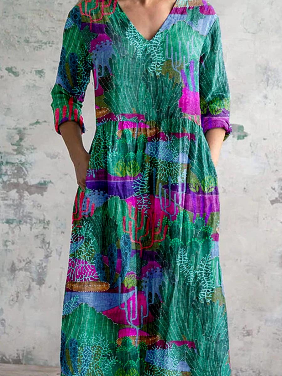 Robe à imprimé monde sous-marin à col rond pour femme avec poches
