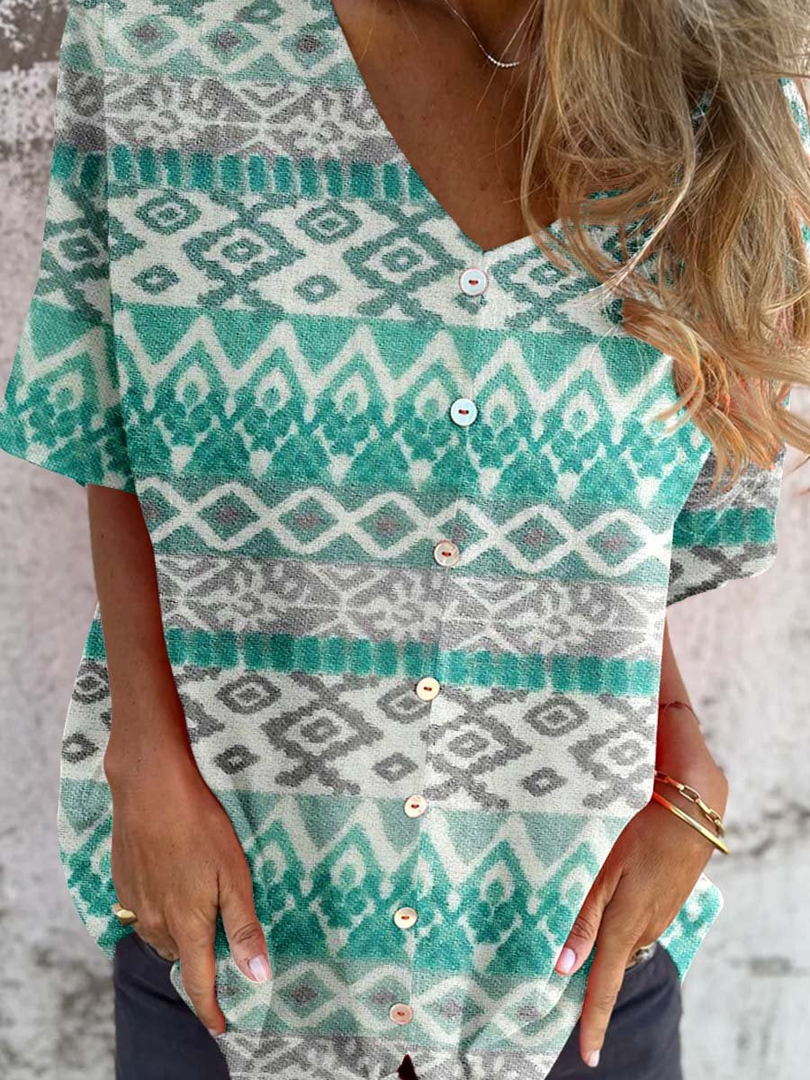 Haut élégant en coton et lin à motif floral vintage pour femme