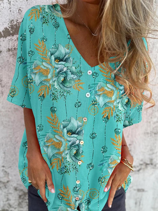 Haut élégant en coton et lin à motif floral pour femme