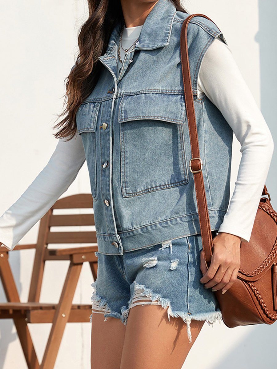 Gilet en jean à boutonnage unique pour femme en détresse