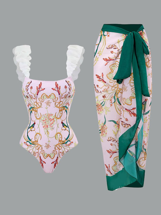 Jupe longue en mousseline de soie à imprimé rétro pour maillot de bain pour femme