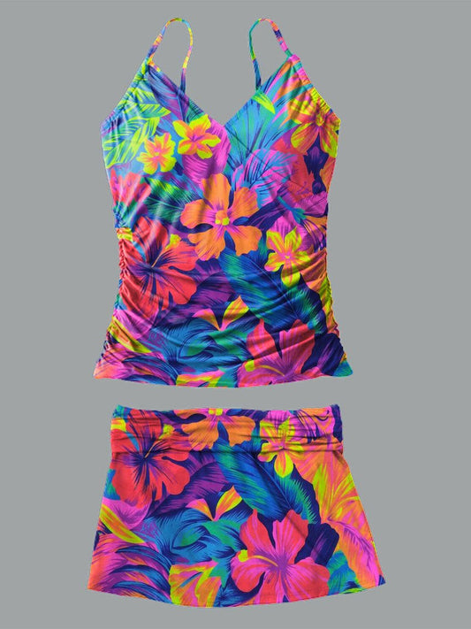 Maillot de bain à bretelles avec imprimé de fleurs d'hibiscus tropicales colorées à col en V et jupe-pantalon tankini