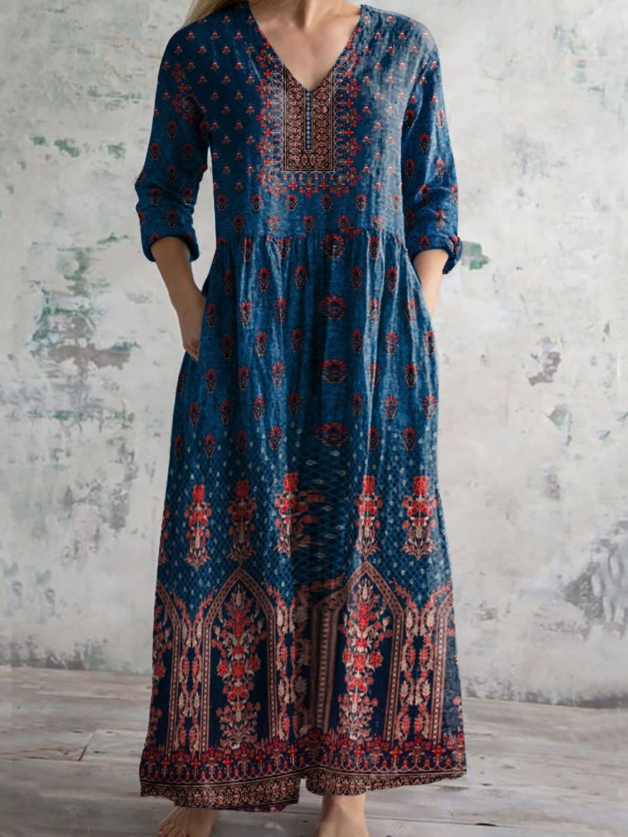 Robe décontractée en coton imprimé style ethnique rétro pour femme