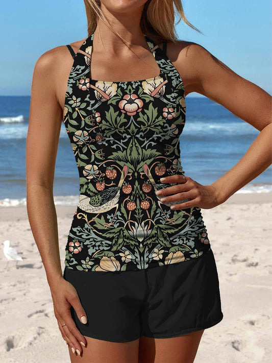 Maillot de bain tankini taille moyenne à imprimé floral rétro et patchwork