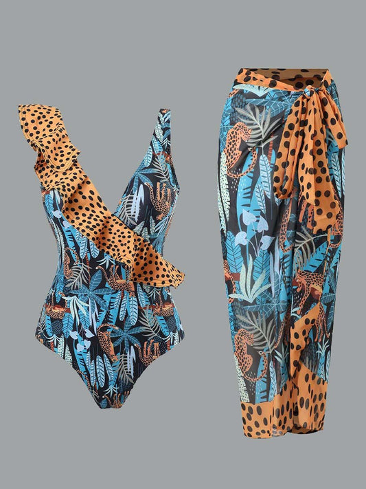 Jupe longue en mousseline de soie à imprimé rétro pour maillot de bain pour femme