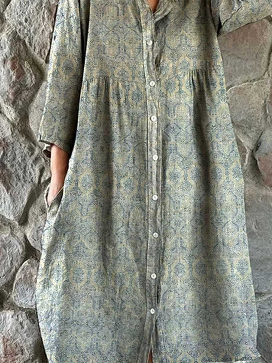 Robe chemise élégante en coton et lin à motif rétro rose pour femme