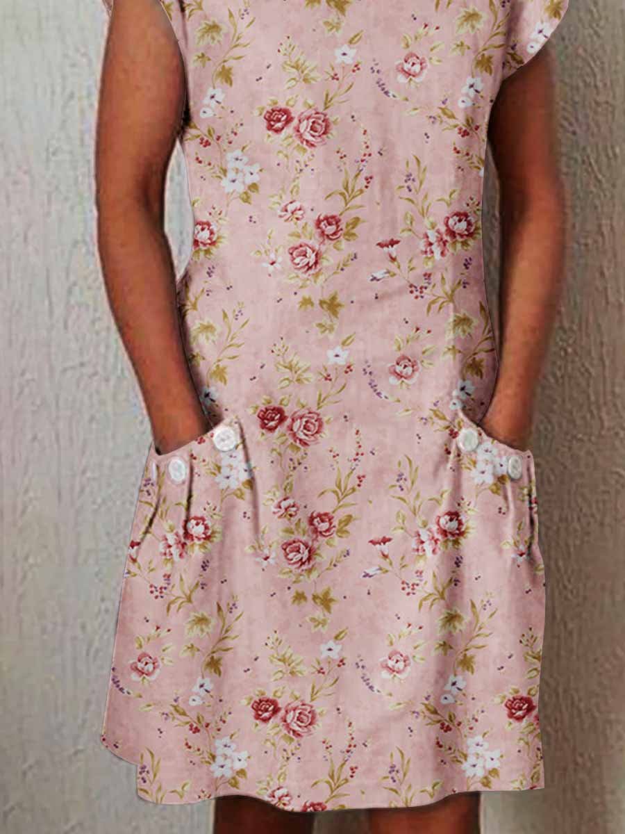 Women's Elegant Rose Rose Floral Pattern Cotton and Linen Dress with Pockets