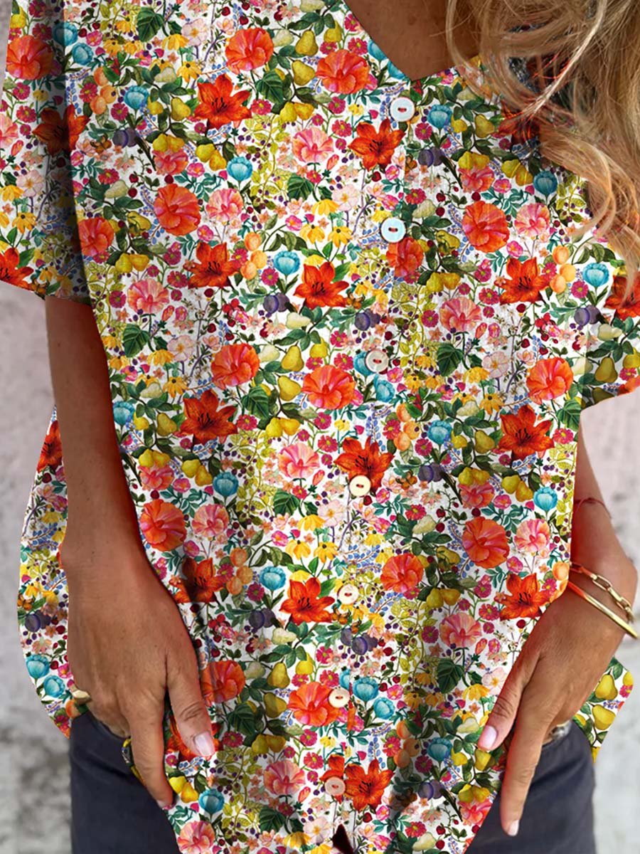 Haut décontracté à col en V en coton avec imprimé floral et oiseaux pour femme