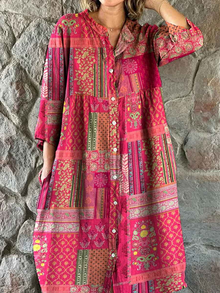 Robe bohème ethnique en coton et lin à imprimé géométrique pour femme